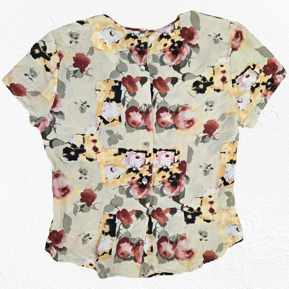 90s Vintage Yellow Floral Short Sleeve Silk Button Semi Sheer Blouse Size Medium - Picture 5 of 5
